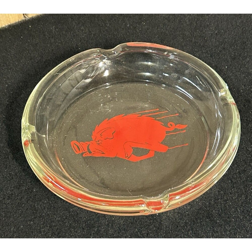 Vintage Arkansas Razorback Cigar AshTray  Trinket Dish Round Clear Glass 8" B8